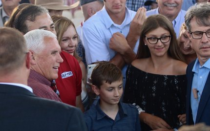 Vice President Mike Pence greets members of the audience after his speech Wednesday in Lemoore.